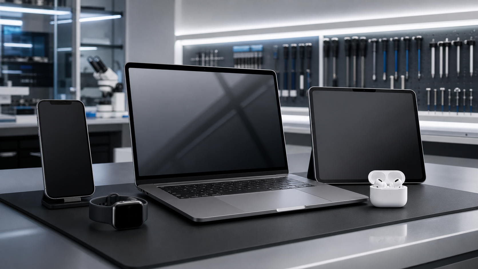 iPhones, MacBook, iPad, Apple Watch e AirPods em vitrine premium iRepair